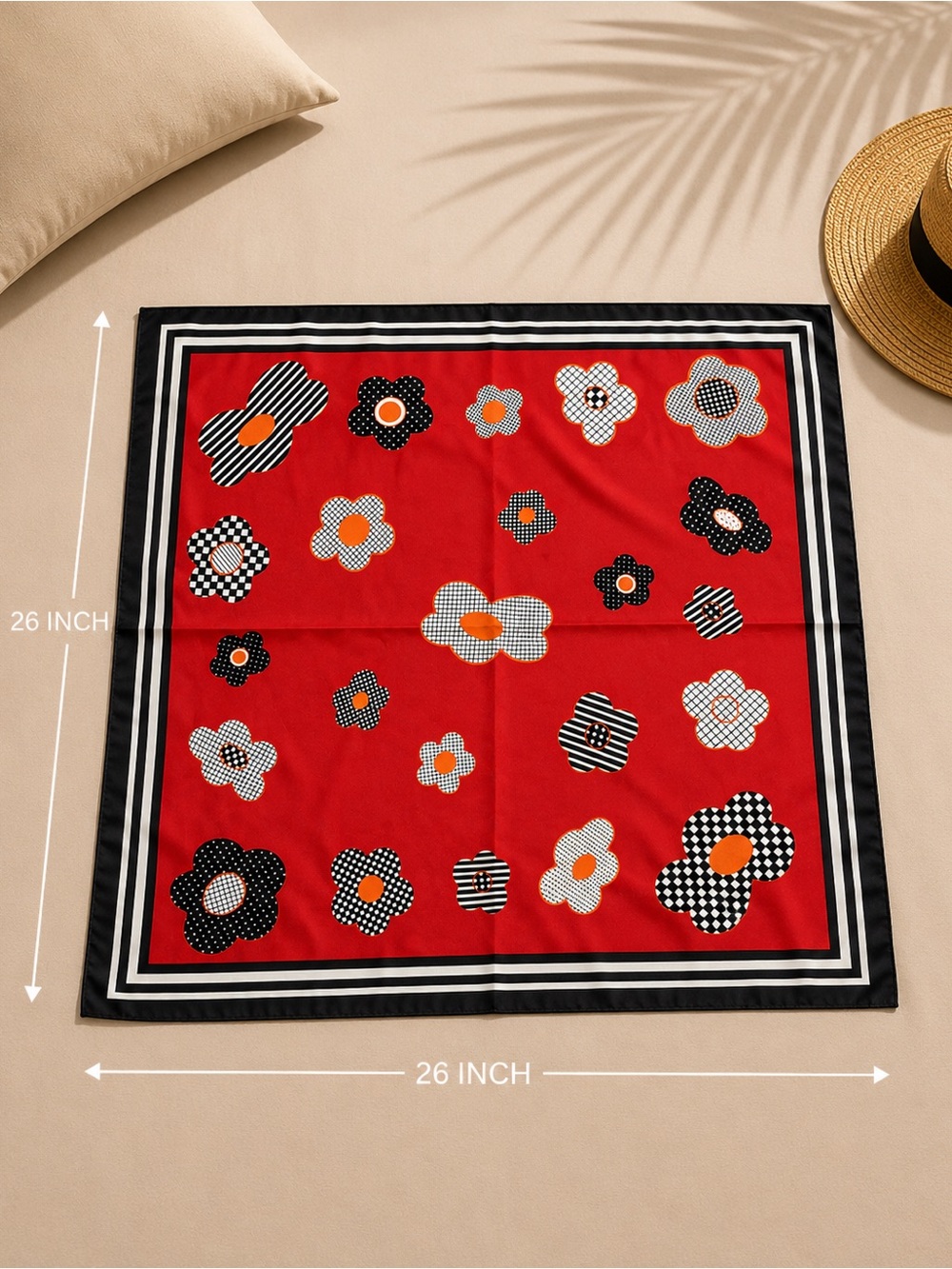 Red Floral Pattern Square silk  Scarf